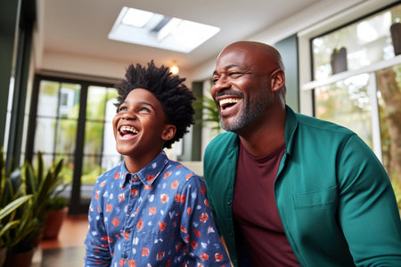 Happy African Black father having fun with teen boy at home.の素材