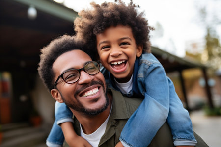 Happy African Black father having fun with teen boy at home.の素材