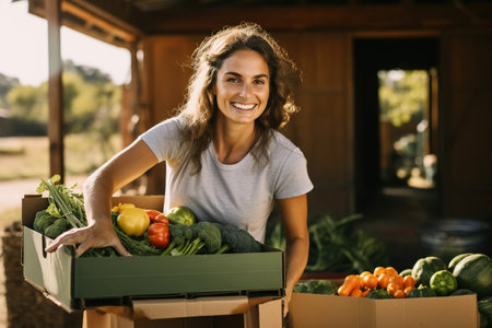 Happy female farmer holding a box with fresh produceの素材