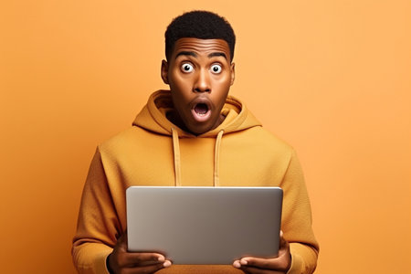Surprised African teen guy holding laptop pointing at computer advertising wow offer. Amazed ethnic teenager student boy using pc feeling shocked isolated on beige backgroundの素材