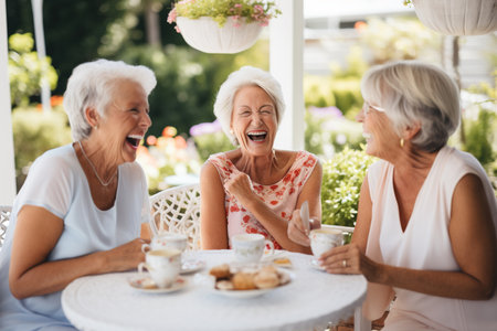 Senior friends laughing happily while having teaの素材