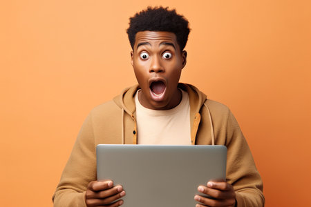 Surprised African teen guy holding laptop pointing at computer advertising wow offer. Amazed ethnic teenager student boy using pc feeling shocked isolated on beige backgroundの素材