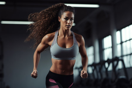 Sportswoman running and doing strength training in a studioの素材