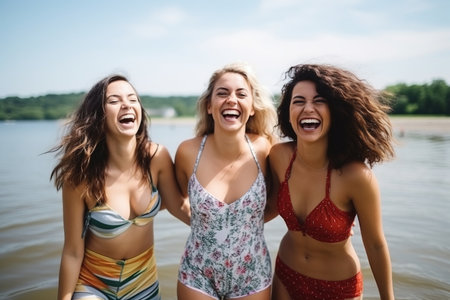 Happy female friends in swimsuits standing on the water at the beachの素材
