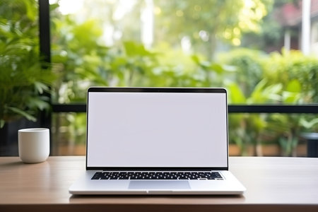 Laptop pc mock up template design on office workplace desk, white mockup empty blank computer screen on office work table business web technology at modern workspace, closeupの素材