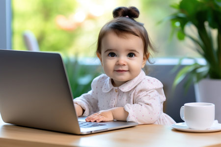 Infant girl using laptop remote working at home office looking at computer talking having hybrid virtual meeting learning english communicating by video call, elearning webinarの素材