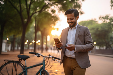 Indian business man holding smartphone using bike rentalの素材