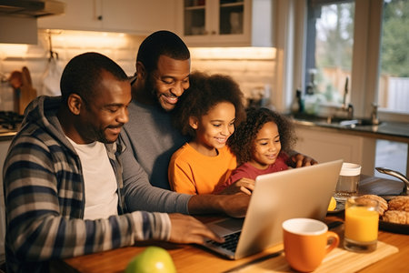 Young Black parent dad having morning breakfast with mixed race kids using laptop. Multiethnic family father and two children enjoying watching videos on computer sitting at kitchen table at homeの素材