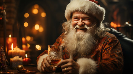 happy Santa Claus drinking whiskey out of a glass while sitting by a Christmas treeの素材