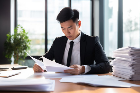 Young busy Asian business man lawyer, tax accountant manager holding paper documents checking bills, doing sales invoice accounting, reading legal contract or bank statement sitting at desk in officeの素材