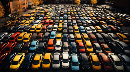 Aerial view of cars in parking placesの素材