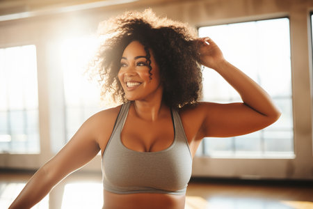 Confident body moves: Plus size woman having fun with her body in a dance studioの素材