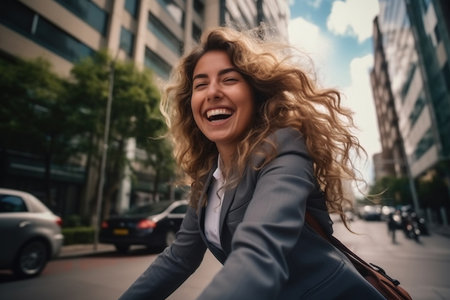 Cheerful business woman riding a bike to work in the cityの素材