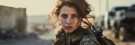 Courageous female soldier returning home from the armyの素材