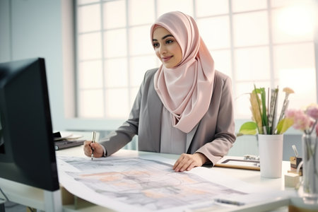 Creative Muslim designer working with drawings in an officeの素材