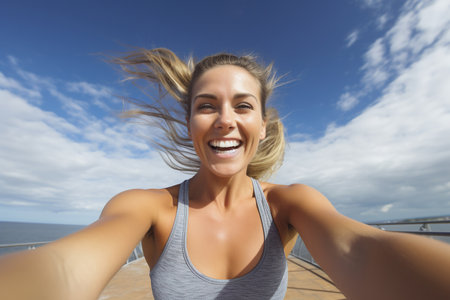 Fitness woman taking a fun selfie against the skyの素材