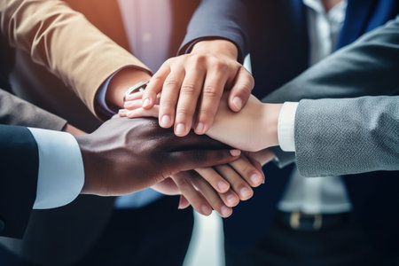 Diverse business team putting their hands together in a huddle of support and motivationの素材