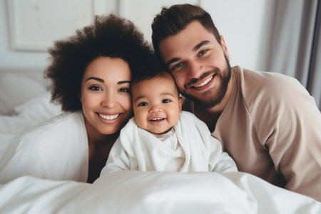 Multiracial diverse young family couple playing with cute baby child in bed holding infant kid girl. Happy multiethnic parents having fun in the morning lifting small daughter in bedroom at homeの素材
