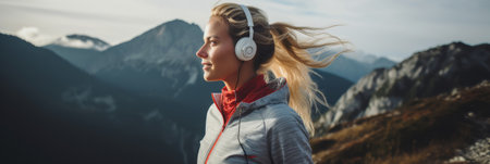 Caucasian sports woman listening to music on headphones outdoorsの素材