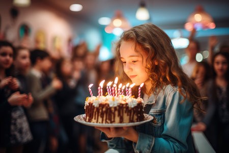 Female student blows a candle on her birthday. Party celebration in primary schoolの素材