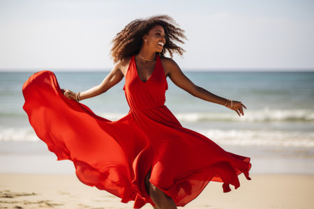 Black American Attractive woman in red dress dancing on the beachの素材