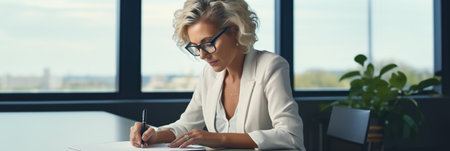 Mature businesswoman writing in her diary in an officeの素材