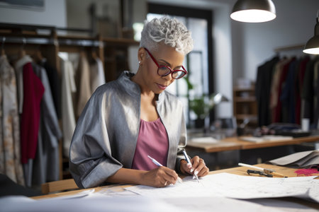 Middle aged stylish black American woman fashion designer drawing sketches in studio. Mature old adult elegant gray-haired lady dressmaker small business owner creating new fashion design cloth in atelierの素材