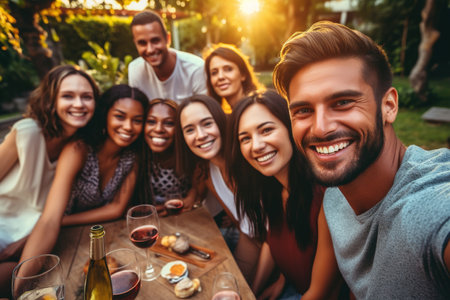 Man with friends taking selfie with his smart phoneの素材