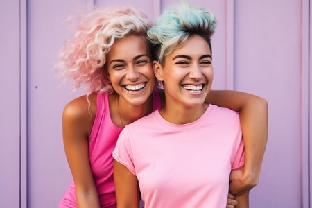 fitness friends embracing fun lifestyleの素材