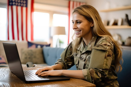 Patriotic female soldier video chatting with her family on a laptopの素材