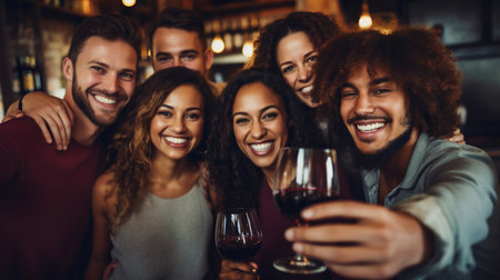 Group of cheerful friends having wine at partyの素材