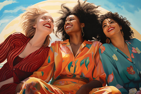 four women pose in a beach, in the style of bold curves, low-angle, joyful and optimistic, multicultural, close upの素材