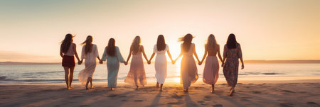 Group of female friends enjoy taking a walk together on the beachの素材