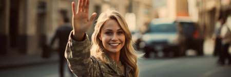 Happy servicewoman waving her hand on her homecomingの素材
