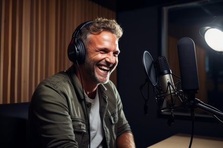 Happy radio presenter speaking into a microphone in a studioの素材