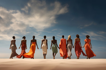 group of friendly ladies standing on the beach, in the style of bold curvesの素材