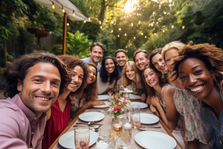 Group selfie at outdoor dinner partyの素材