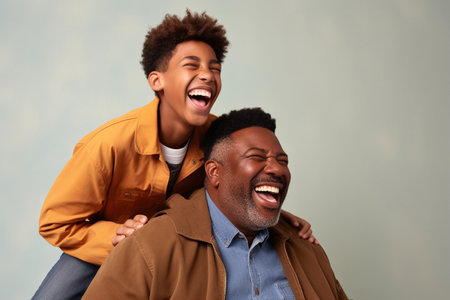 Happy African Black father having fun with teen boy at home.の素材