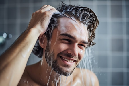 Handsome young man applying shampoo on his hair, preparing for a washの素材