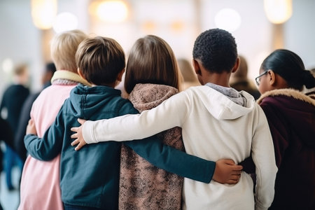 Happy diverse junior school students children group looking at camera standing in classroom. Smiling multiethnic cool kids boys and girls friends posing for group portrait togetherの素材