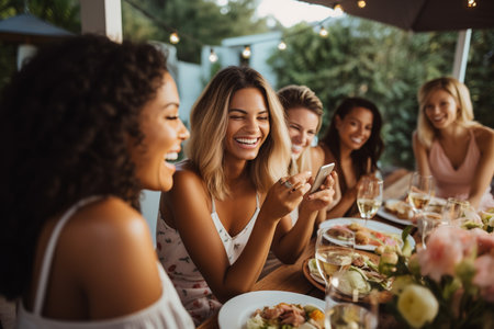 Woman taking picture of her friends at dinner partyの素材