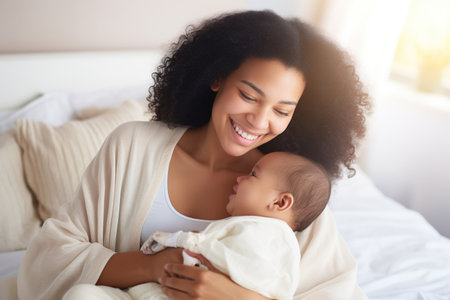 Smiling woman breastfeeding her babyの素材