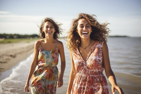happy female friends standing on beach waterの素材