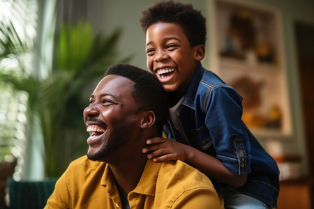 Happy African Black father having fun with teen boy at home.の素材