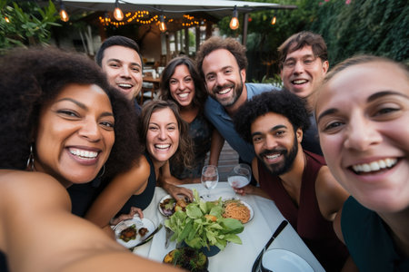 Group selfie at outdoor dinner partyの素材