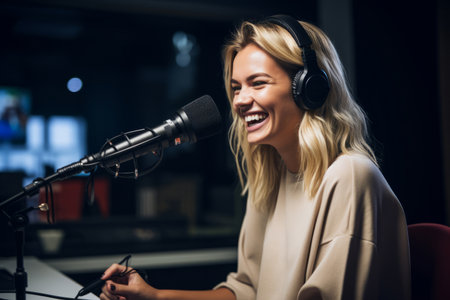 Happy young woman laughing while recording a live radio show in a studioの素材