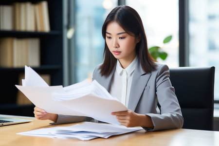 Young busy Asian business woman lawyer, tax accountant manager holding paper documents checking bills, doing sales invoice accounting, reading legal contract or bank statement sitting at desk in officeの素材