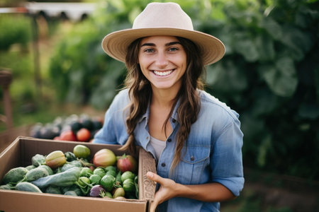 Happy female farmer holding a box with fresh produceの素材