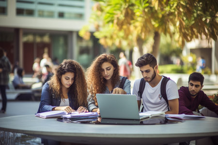 young people studying in college campusの素材
