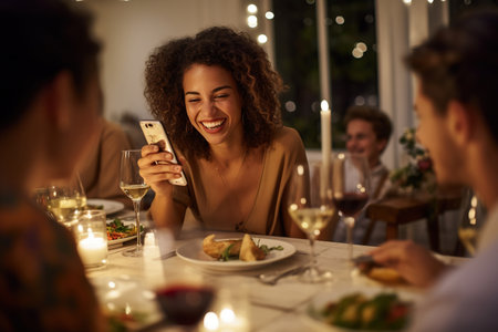 Woman taking picture of her friends at dinner partyの素材